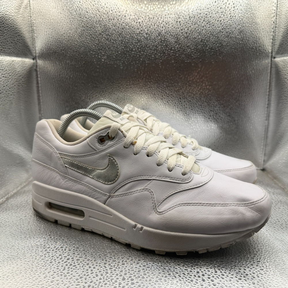 Size 9 Nike Air Max 1 PRM White Silver Womens Lace Up Sneaker Shoes 454746-100โ